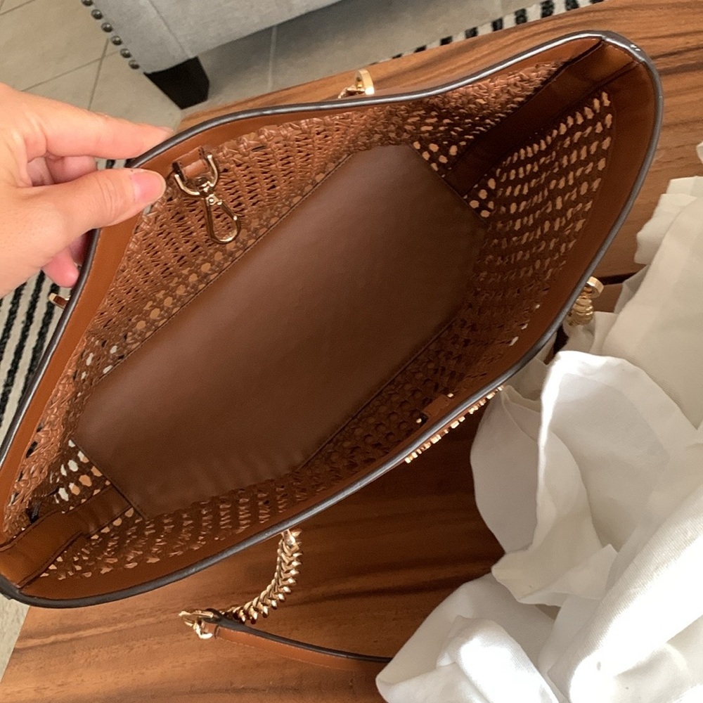 Michael Kors Kinsley Rattan Carryall Tote Bag in the color Luggage. - Picture 9 of 9